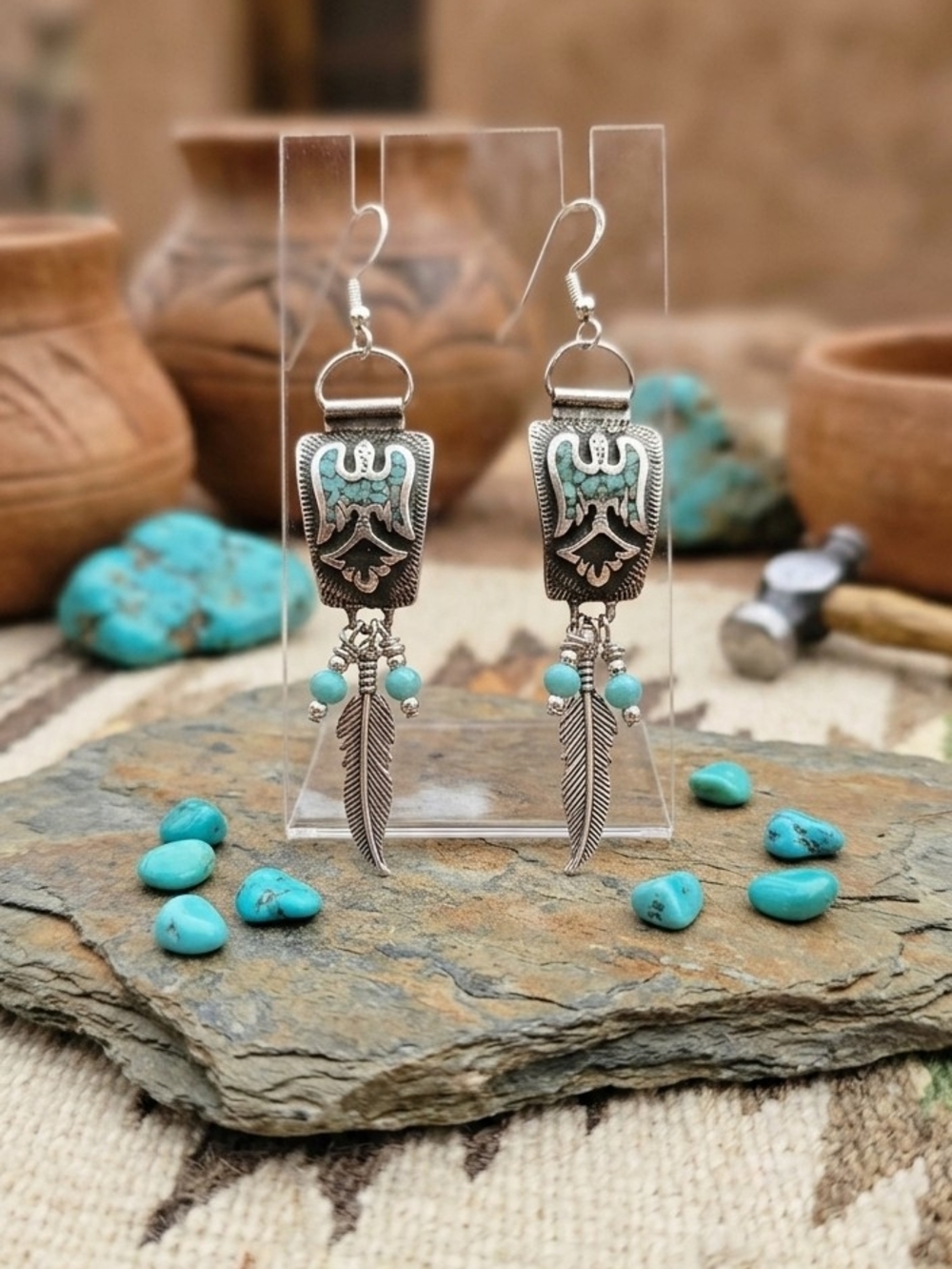 Turquoise Feather Drop Earrings - Sterling Silver